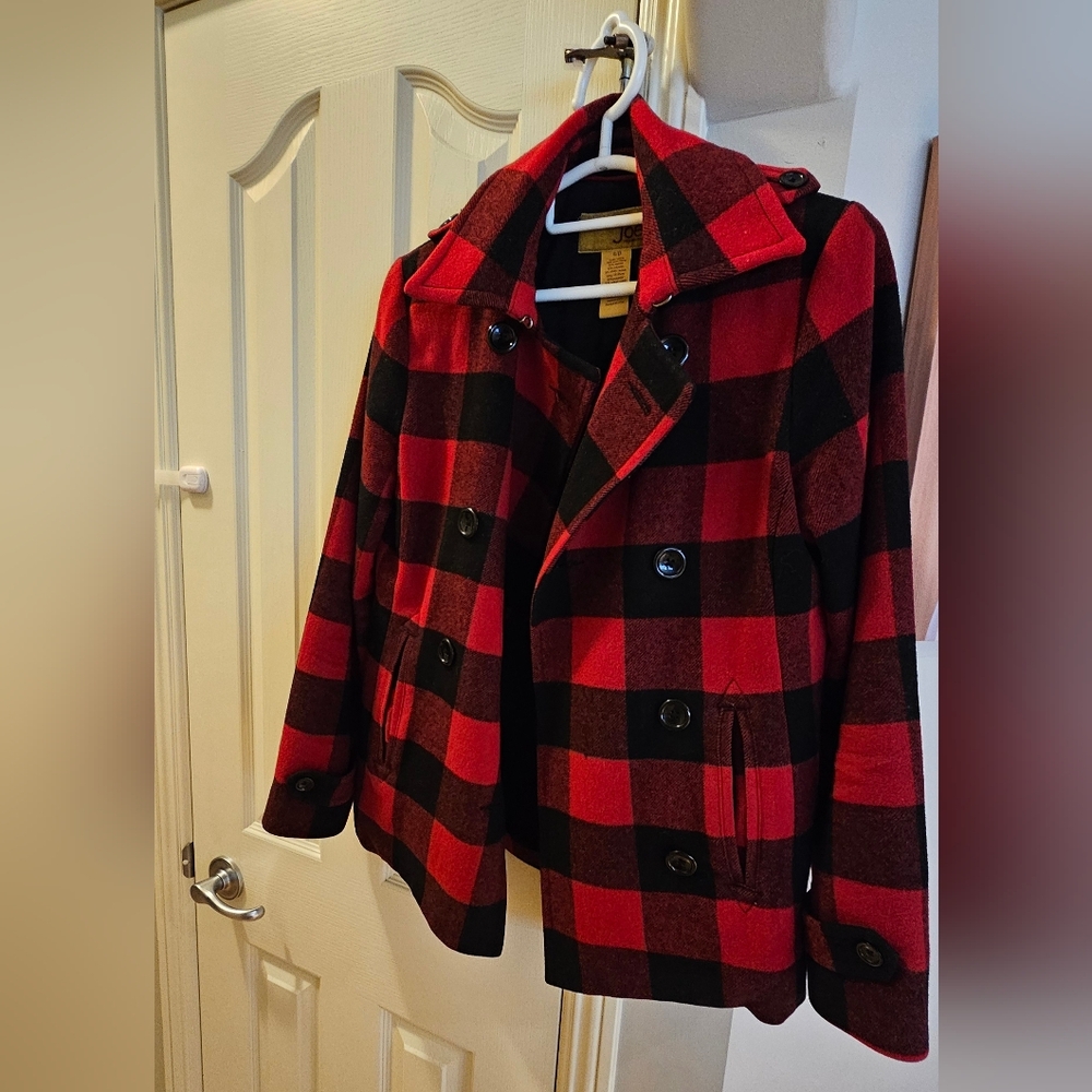 Red and Black Plaid Peacoat